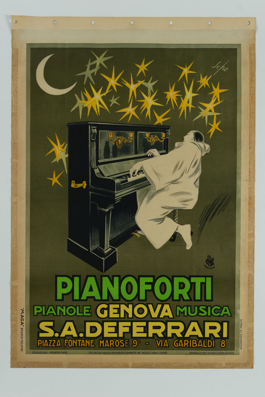 Pierrot suona il pianoforte sotto cielo stellato (manifesto) di Pozzati Severo detto Sepo (sec. XX)