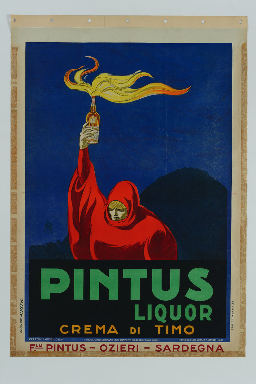 monaco in veste rossa alzata in alto una bottiglia come fiaccola (manifesto) di MAGA (sec. XX)