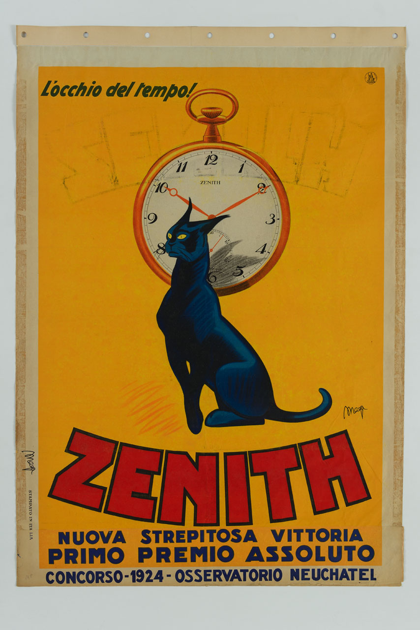 gatto nero sullo sfondo di un orologio da muro circolare (manifesto) di Magagnoli Giuseppe detto Maga (sec. XX)