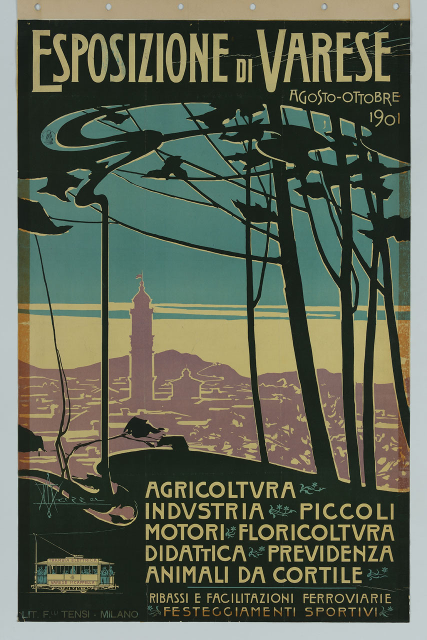 veduta di Varese attraverso gli alberi (manifesto) di Mazza Aldo (sec. XX)