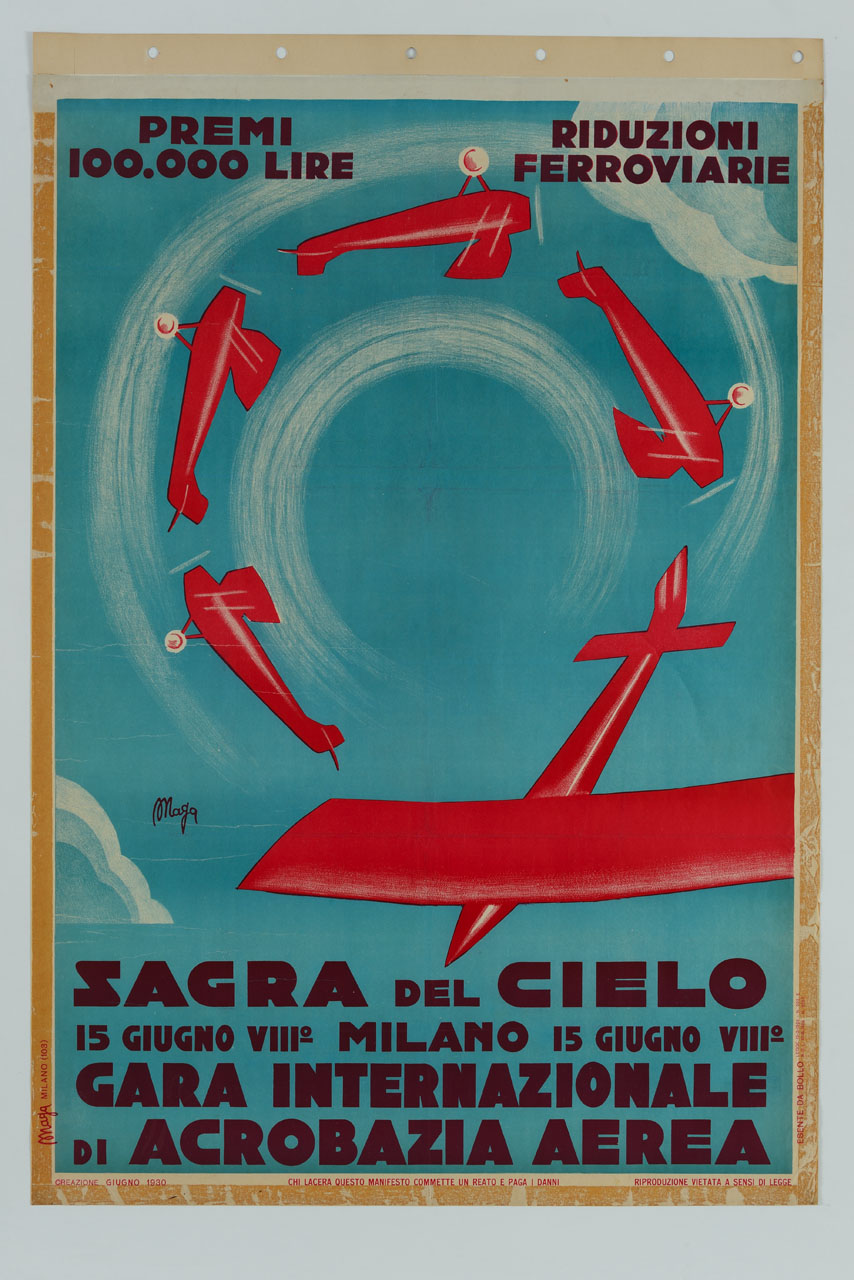 evoluzioni acrobatiche di una squadriglia aerea in cielo azzurro (manifesto) di Magagnoli Giuseppe detto Maga (sec. XX)