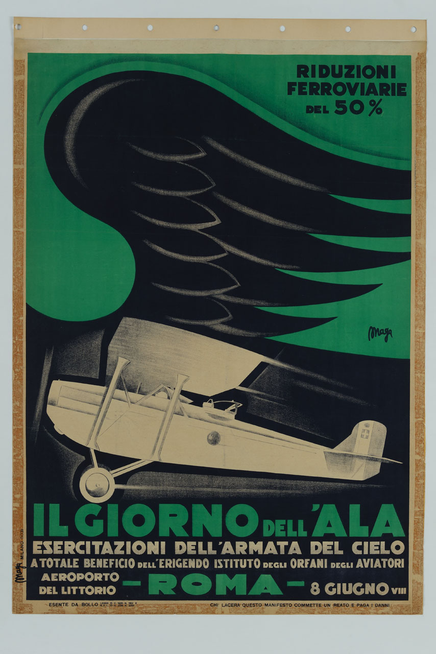 aereo bimotore in volo sormontato da una grande ala nera (manifesto) di Magagnoli Giuseppe detto Maga (sec. XX)