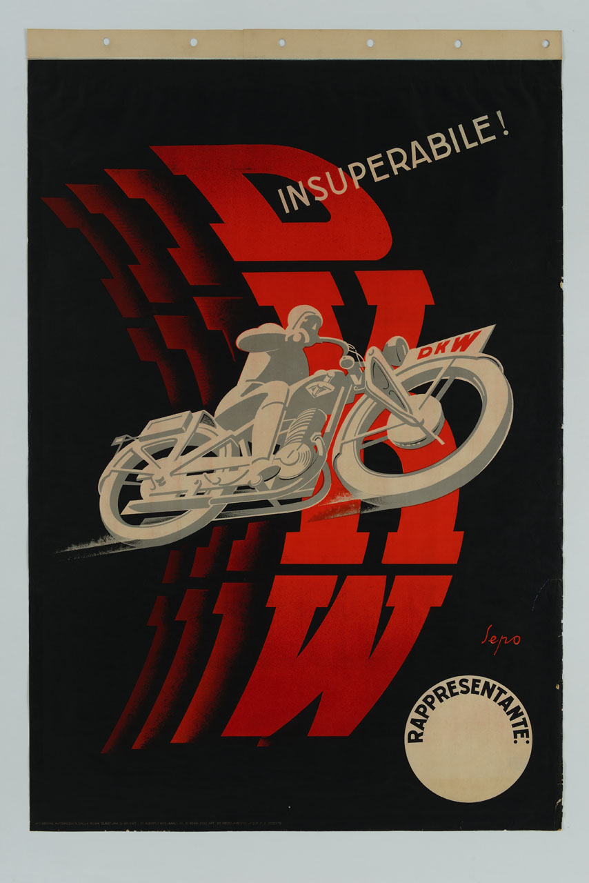 centauro sfreccia in sella a una motocicletta (manifesto) di Pozzati Severo detto Sepo (sec. XX)