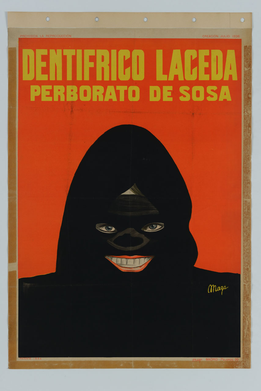 uomo incappucciato di nero con sorriso smagliante (manifesto) di Magagnoli Giuseppe detto Maga (sec. XX)