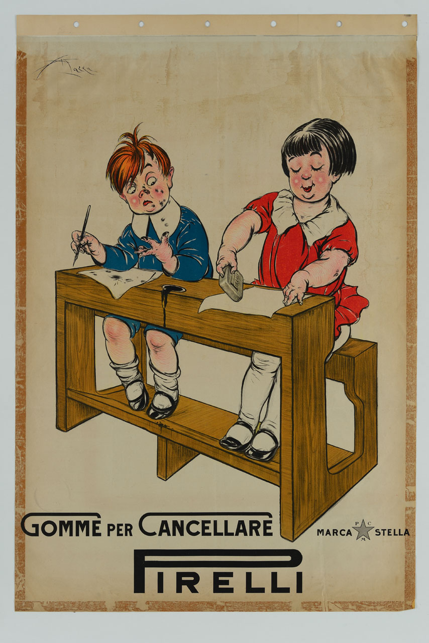 bambina passa la gomma da cancellare su un foglio seduta al banco di scuola accanto a un bambino sporco di inchiostro (manifesto) di Mazza Aldo (primo quarto sec. XX)