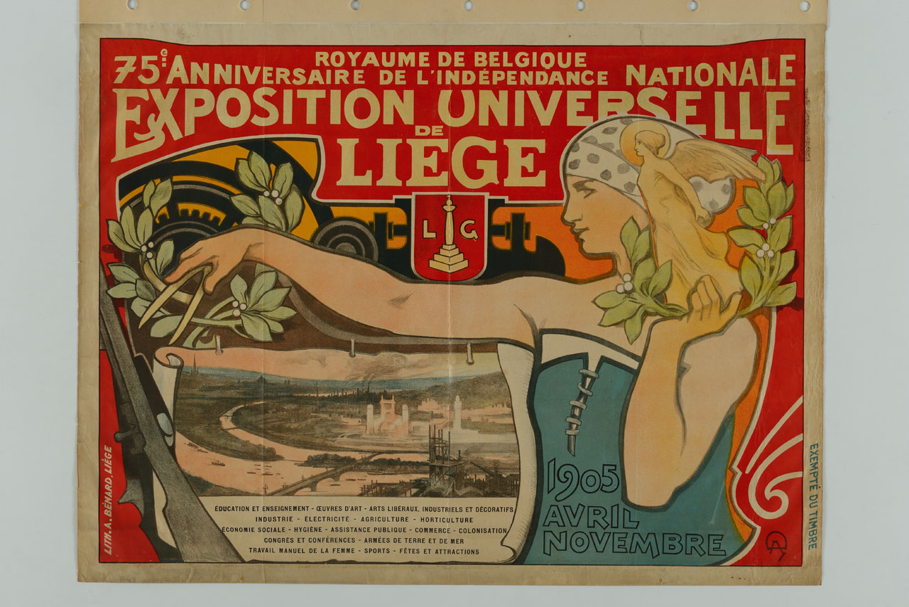 donna sostiene una Vittoria Alata sullo sfondo di un ingranaggio e di un paesaggio industriale (manifesto) - ambito belga (sec. XX)