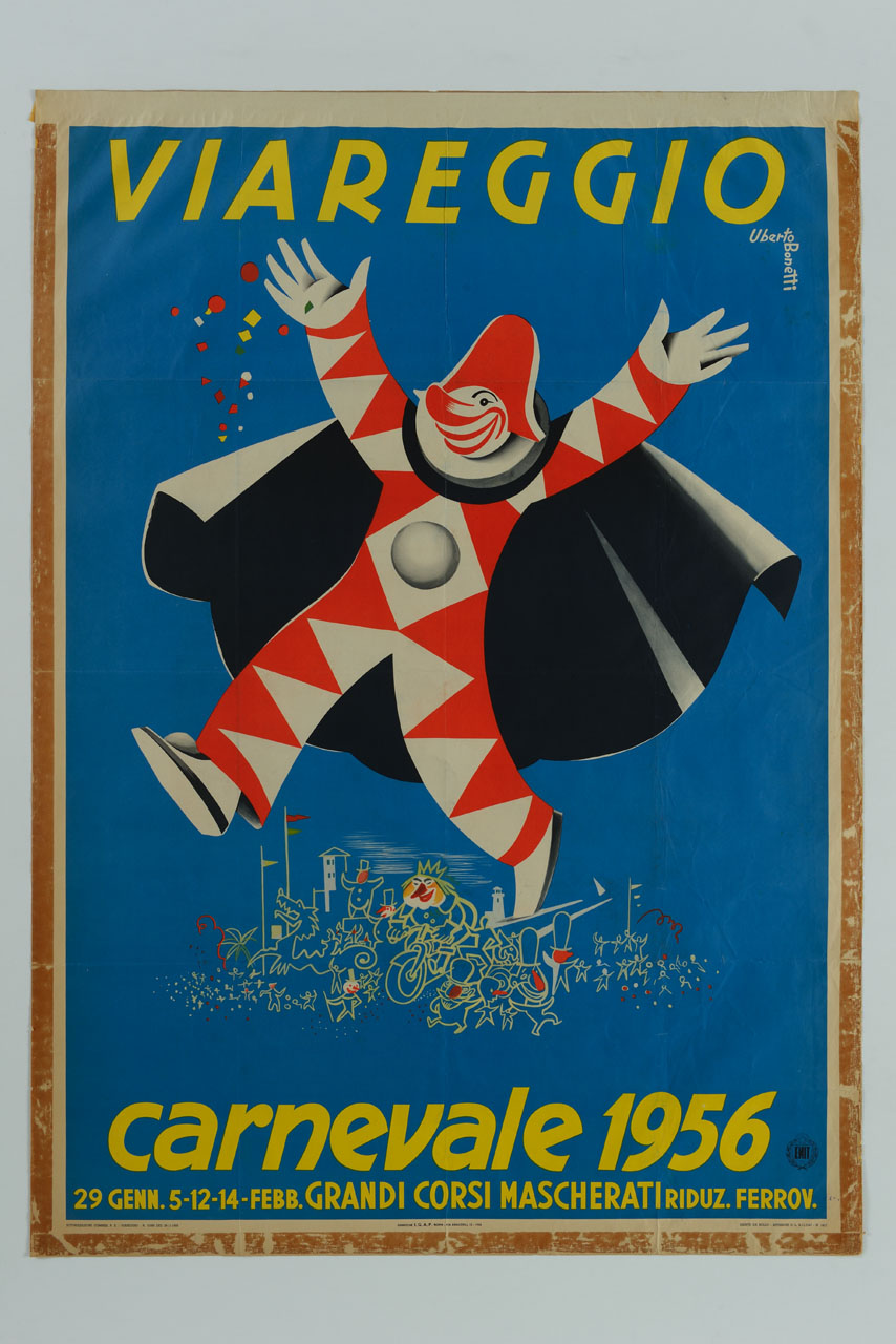 maschera carnevalesca cammina sopra una sfilata di Carnevale (manifesto) di Bonetti Uberto (sec. XX)