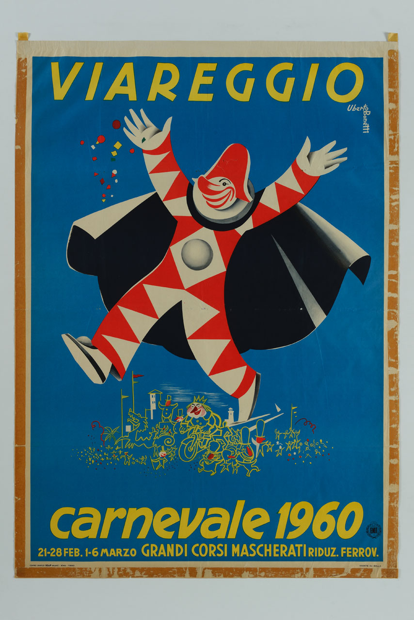 maschera carnevalesca cammina sopra sfilata di Carnevale (manifesto) di Bonetti Uberto (sec. XX)