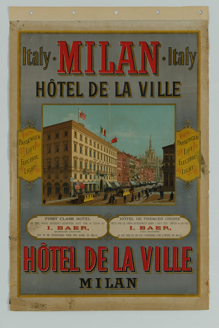 facciata dell'Hotel de la Ville e sullo sfondo il duomo di Milano (manifesto) - ambito italiano (secc. XIX/ XX)