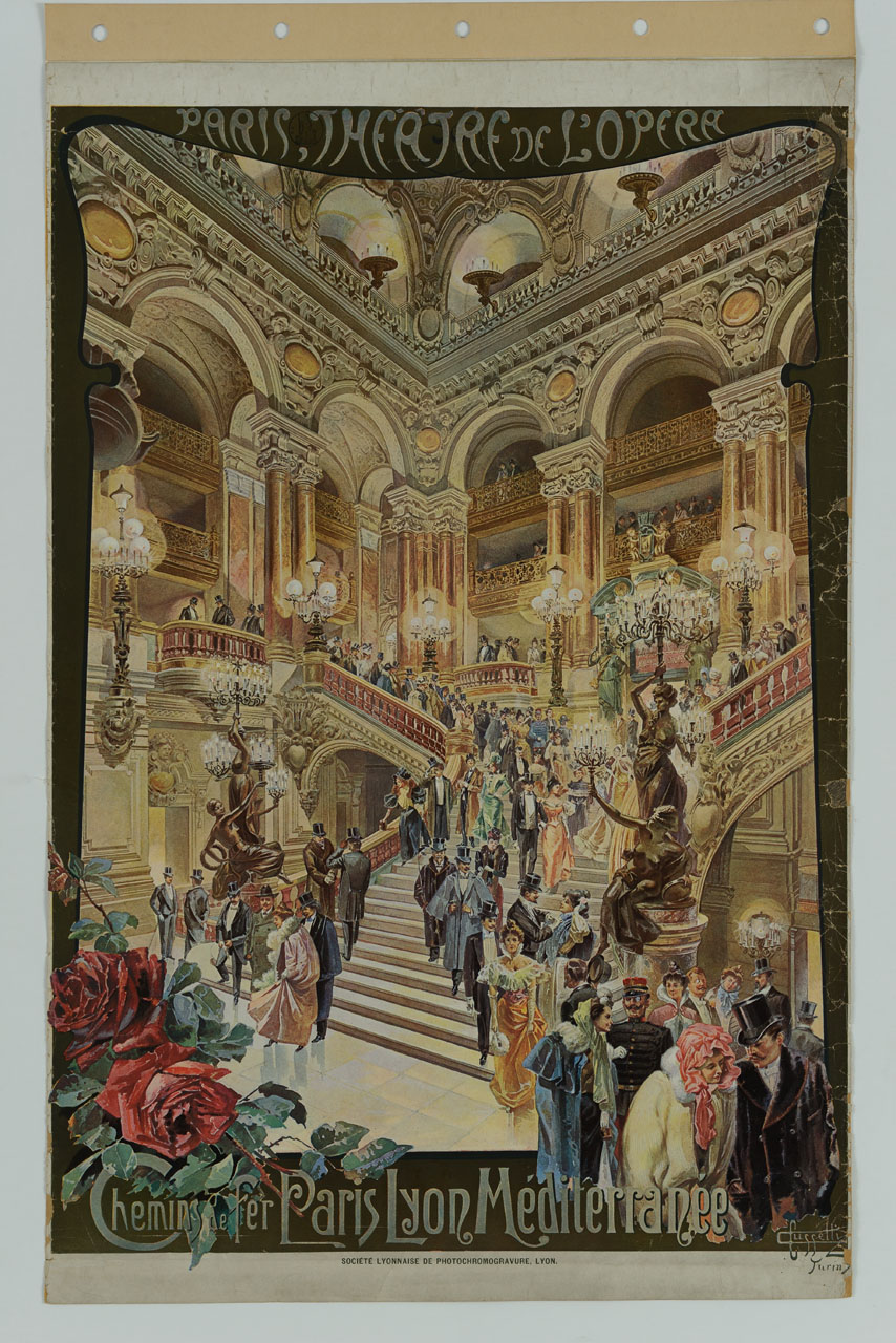 scalone interno dell'Opera di Parigi con uomini e donne (manifesto) di Cussetti C - ambito francese (secc. XIX/ XX)