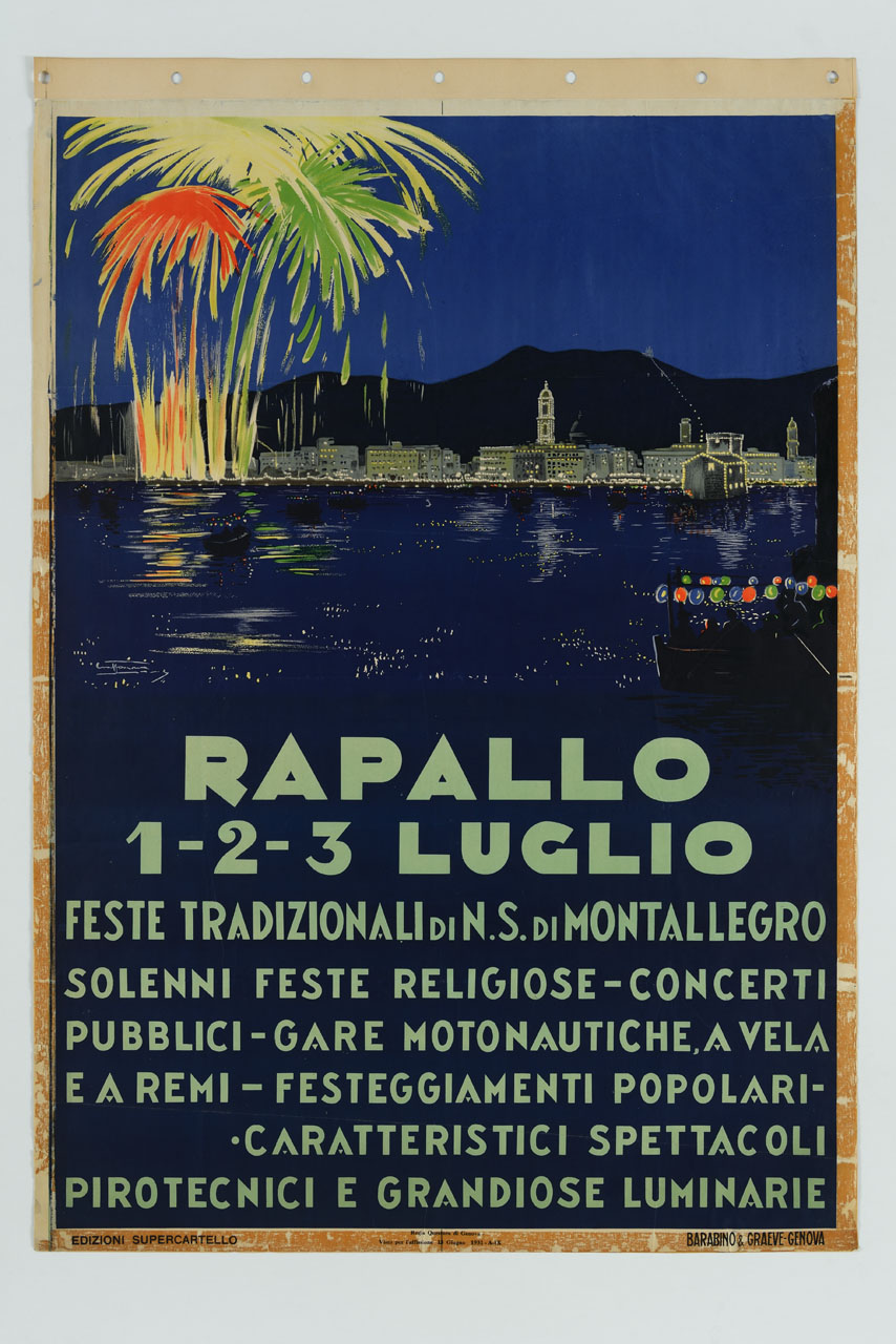 fuochi d'artificio notturni sulla città di Rapallo (manifesto) di Craffonara Aurelio (sec. XX)