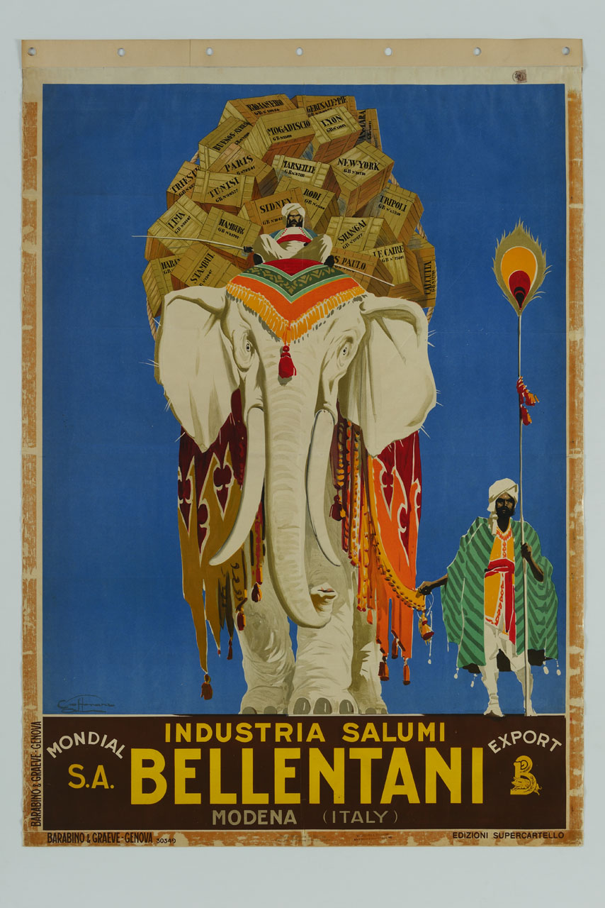 elefante con carico di casse di legno accompagnato da due uomini con vesti indiane (manifesto) di Craffonara Aurelio (sec. XX)