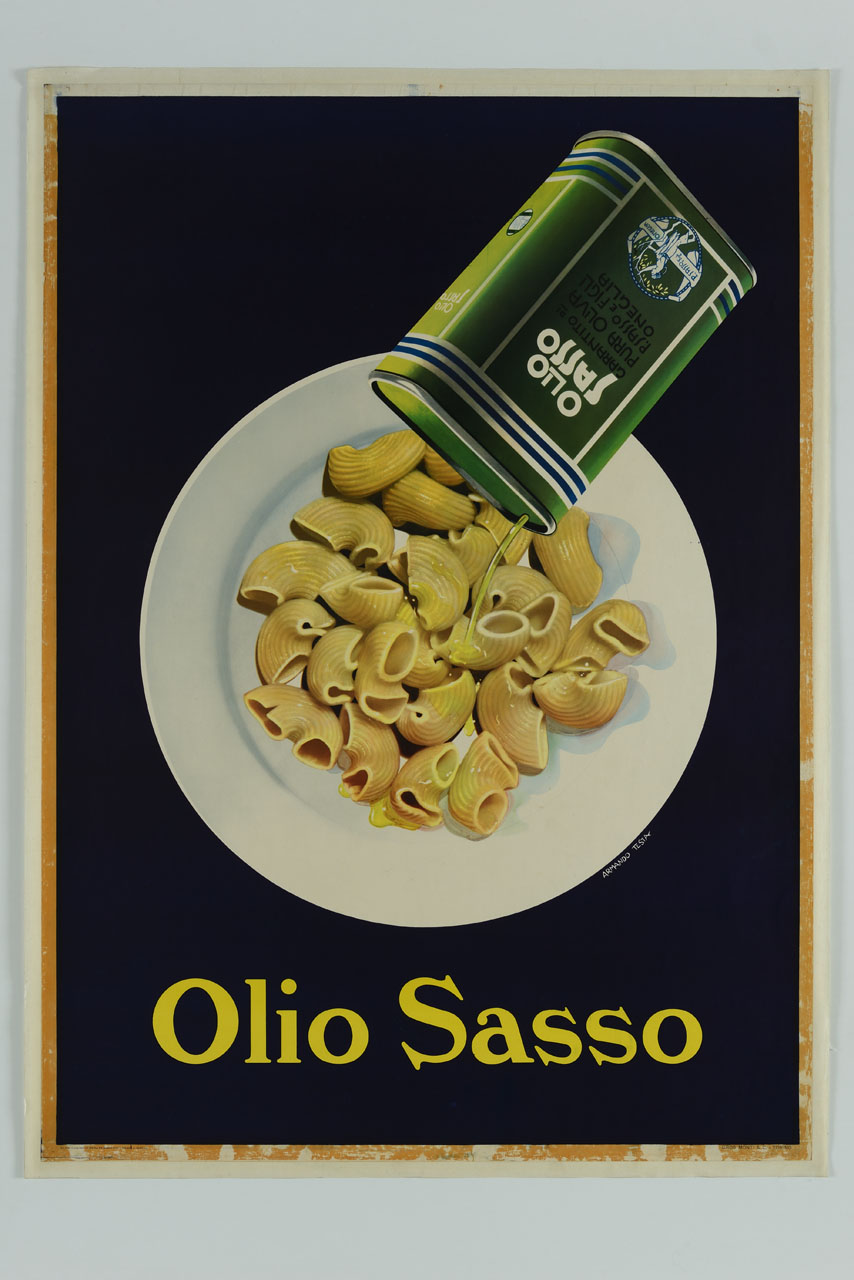 lattina con olio d'oliva che scende su un piatto di pasta (manifesto) di Testa Armando (sec. XX)