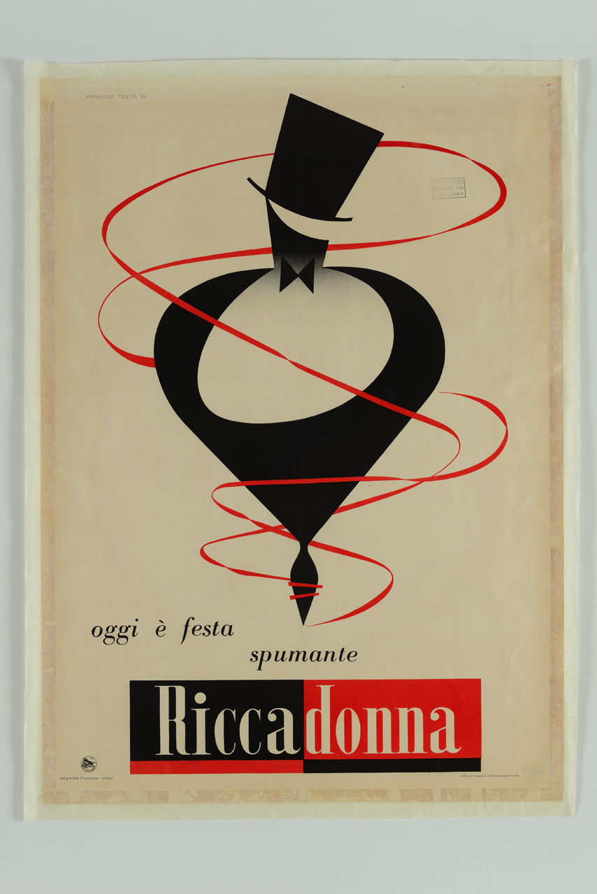 figura maschile stilizzata con cilindro e papillon avvolta da un nastro rosso (manifesto) di Testa Armando (sec. XX)