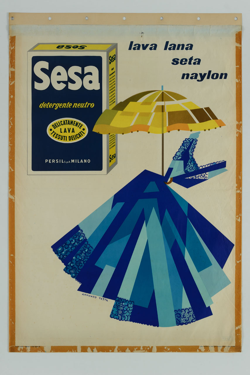 abito femminile sotto un ombrello accanto a una confezione di detersivo per bucato (manifesto) di Testa Armando (sec. XX)