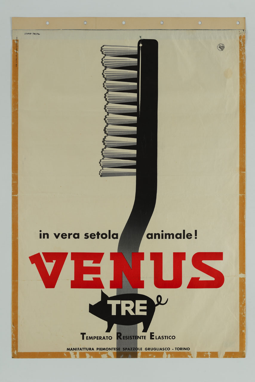 spazzolino da denti, scritte pubblicitarie e sagoma di maiale contenente la scritta TRE (manifesto) di Studio Testa (sec. XX)