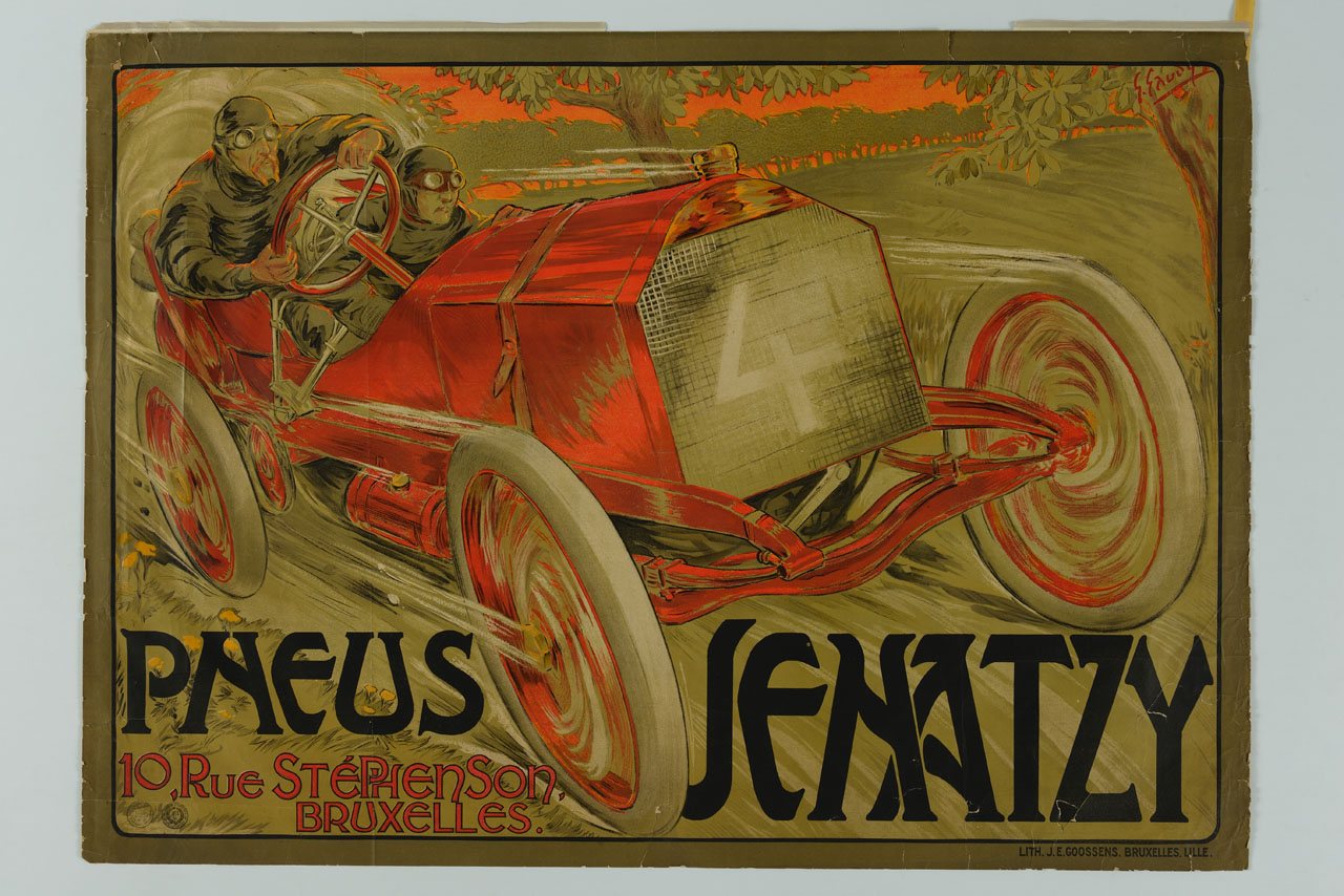automobile in corsa con due piloti (manifesto) di Georges Gaudy (1872-1940) - ambito belga (sec. XX)