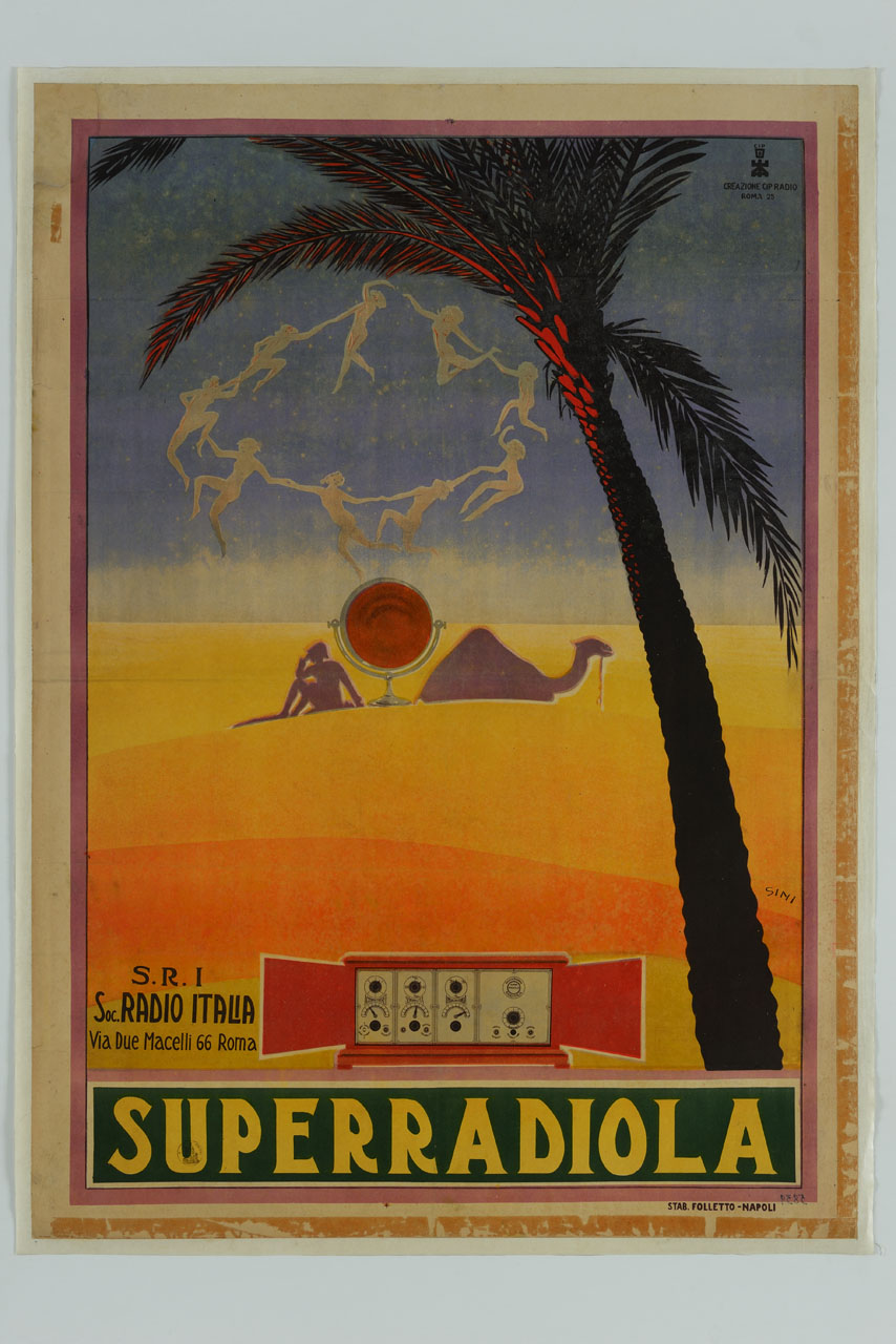deserto con radio sotto una palma e figura maschile con cammello e altoparlante radiofonico (manifesto) di Sini Tarquinio (sec. XX)