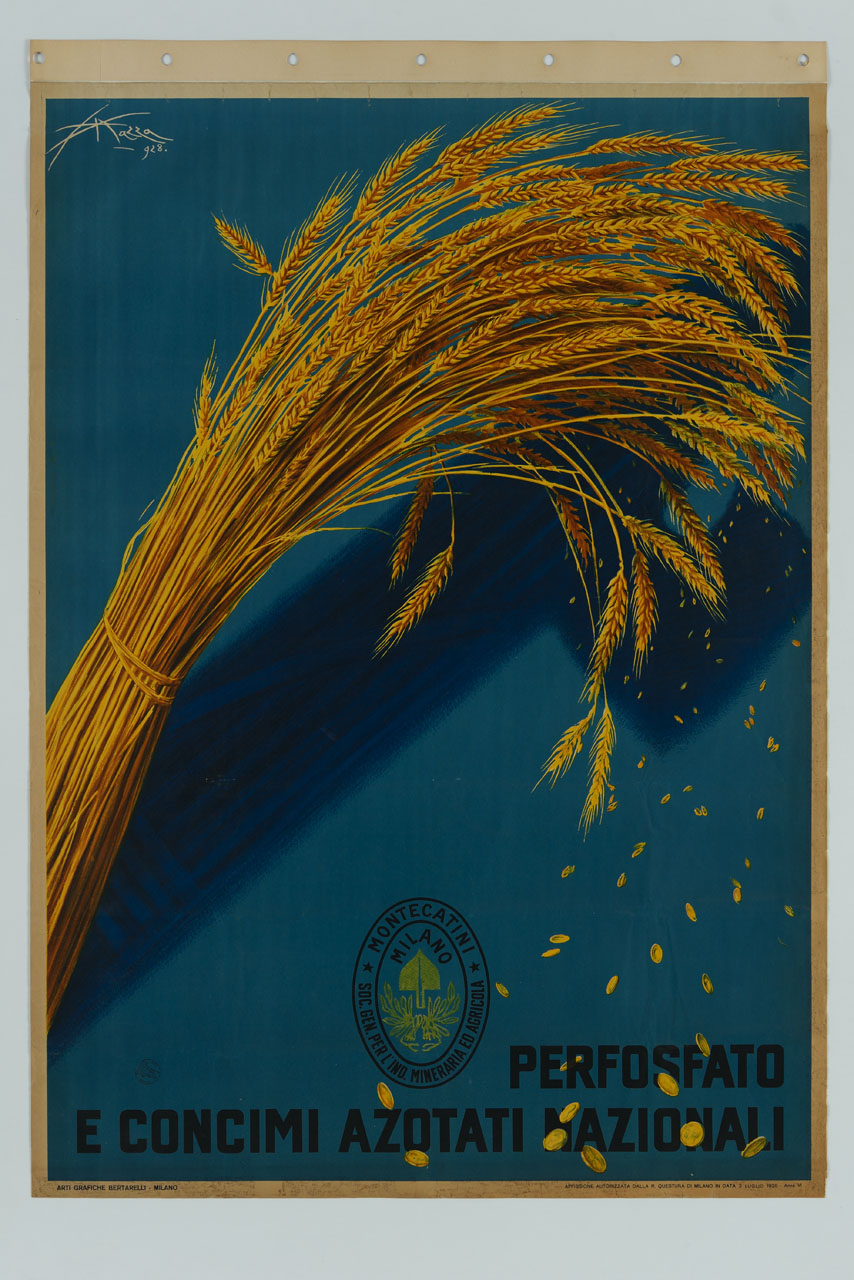 chicchi di grano cadono da fascio di spighe che proietta un'ombra a forma di fascio littorio e si trasformano in monete (manifesto) di Mazza Aldo (sec. XX)