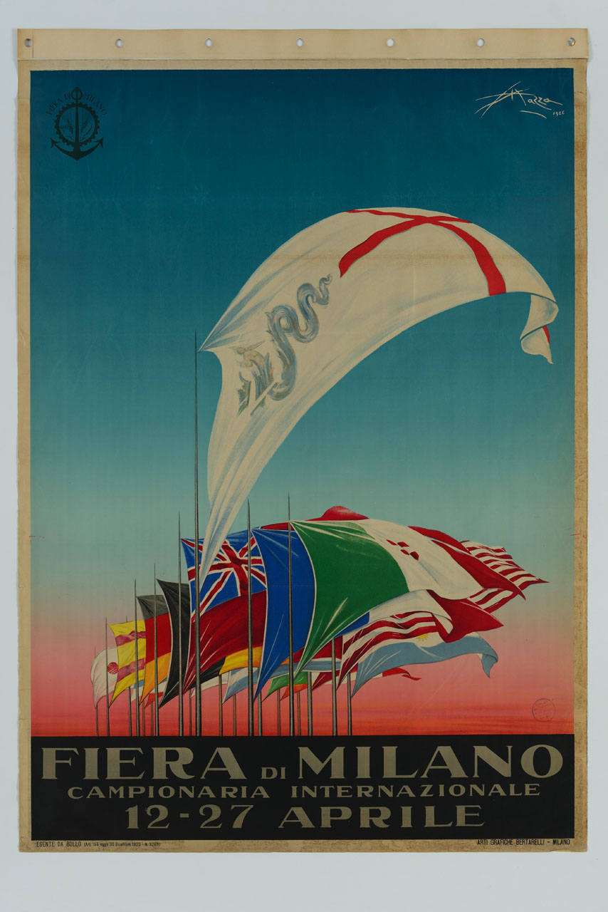 bandiera di Milano sventola alta sul pennone davanti a numerose bandiere nazionali (manifesto) di Mazza Aldo (sec. XX)