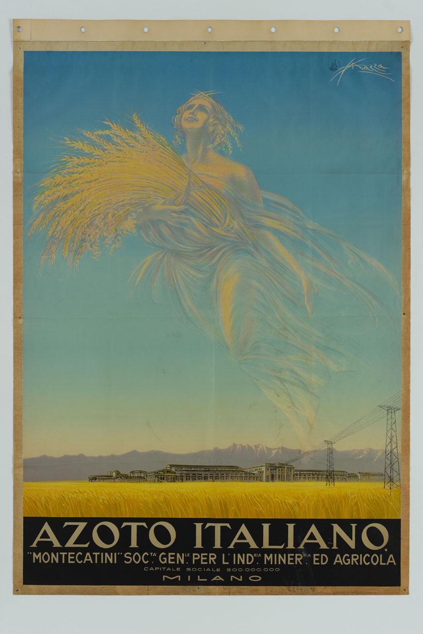 figura allegorica femminile con fascio di spighe si libra eterea nel cielo sopra un campo di grano con edifici industriali e montagne sullo sfondo (manifesto) di Mazza Aldo (sec. XX)