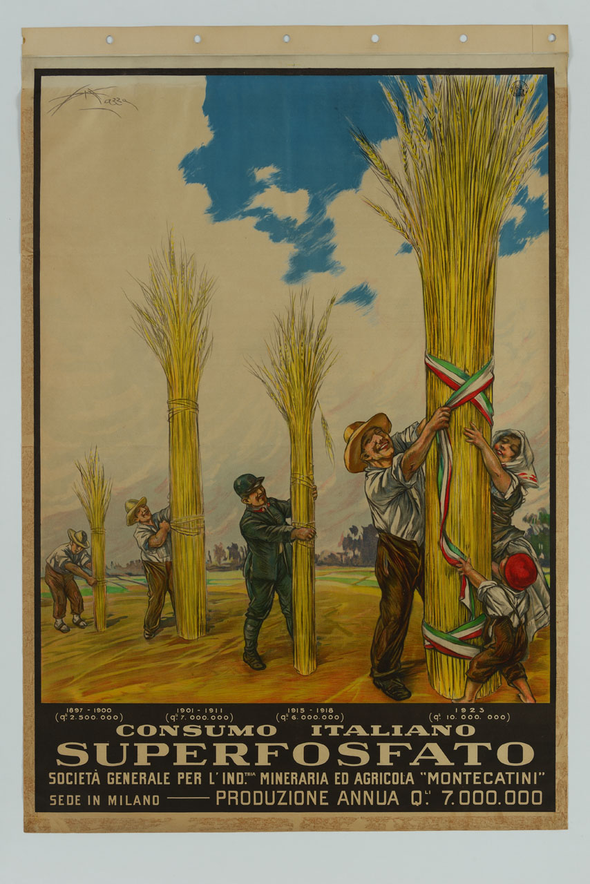 contadini e un soldato legano covoni di spighe di grano di altezza variabile (manifesto) di Mazza Aldo (sec. XX)