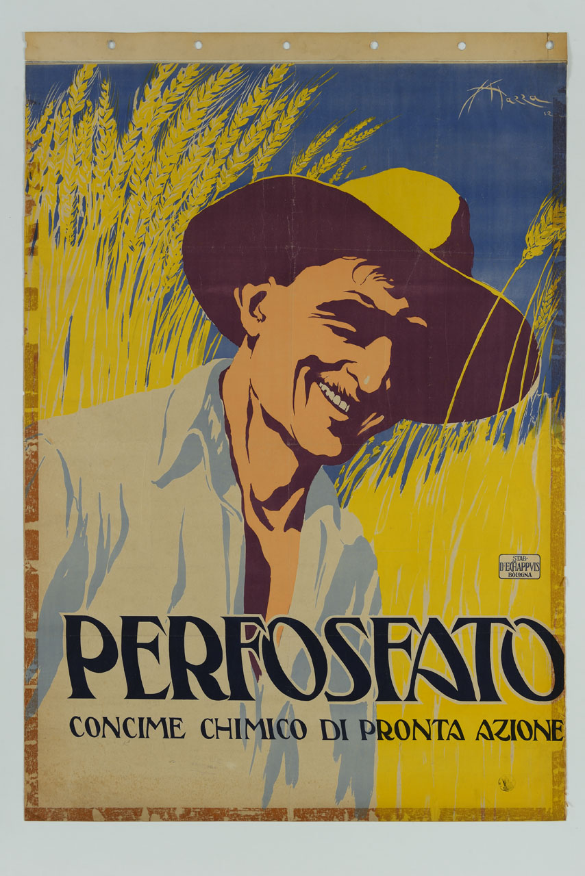 contadino a mezzobusto in un campo di grano (manifesto) di Mazza Aldo (sec. XX)