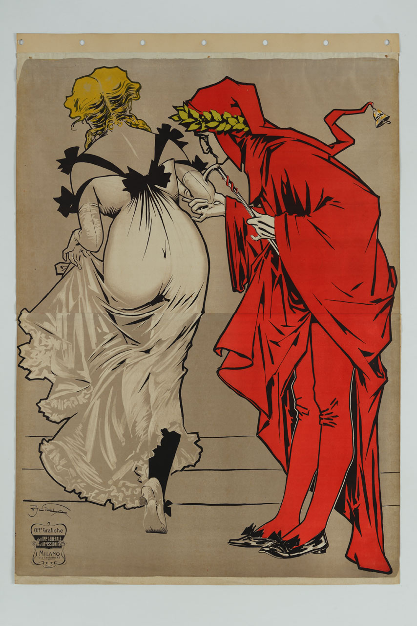 Dante aiuta una donna di spalle a salire un gradino (manifesto, stampa composita) di Villa Aleardo (secc. XIX/ XX)