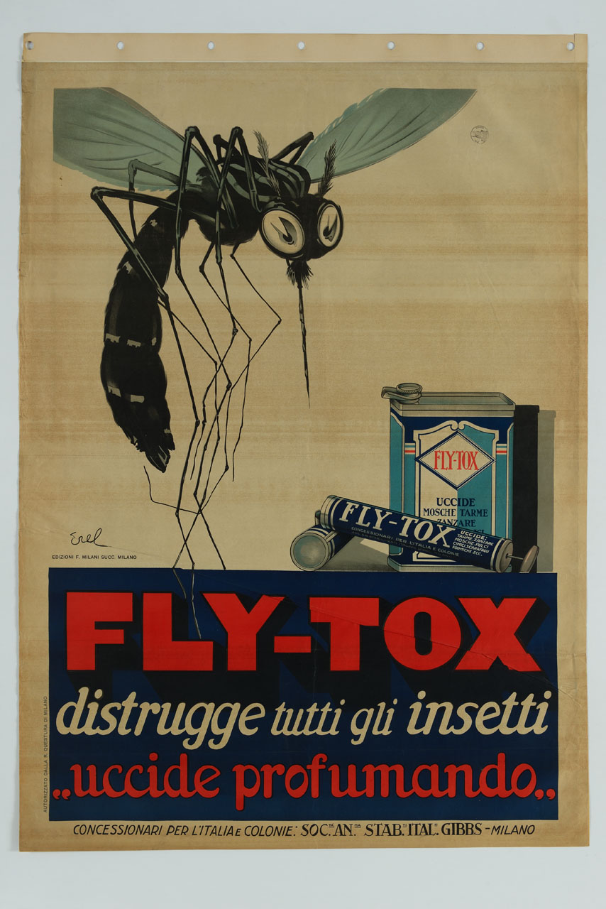 zanzara pronta a pungere e confezioni di insetticida (manifesto) di Erel - ambito italiano (sec. XX)