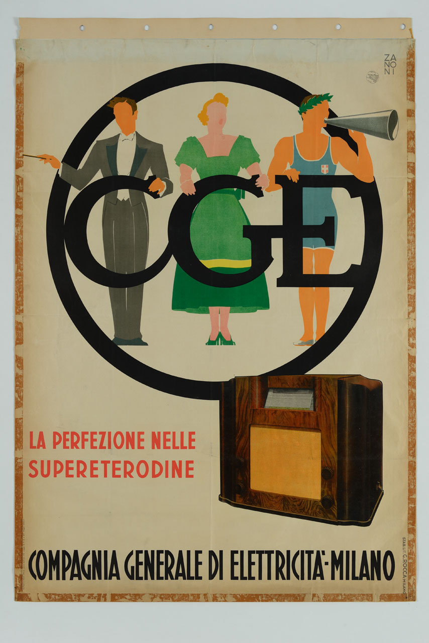 direttore d'orchestra, donna, atleta con megafono e radio (manifesto) di Zanoni G (sec. XX)