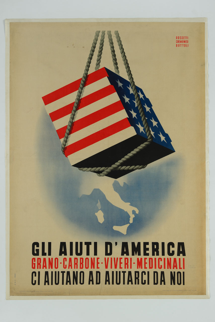 pacco con la bandiera americana sospeso sull'Italia (manifesto) di Cremonesi Carmelo, Rossetti Gian Carlo, Bottoli Matteo (sec. XX)
