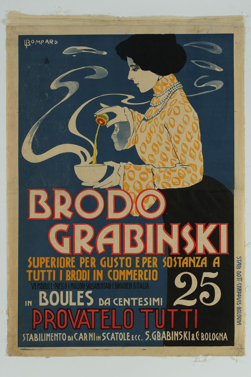 donna versa del brodo concentrato in una ciotola fumante (manifesto, stampa composita) di Bompard Luigi (inizio sec. XX)