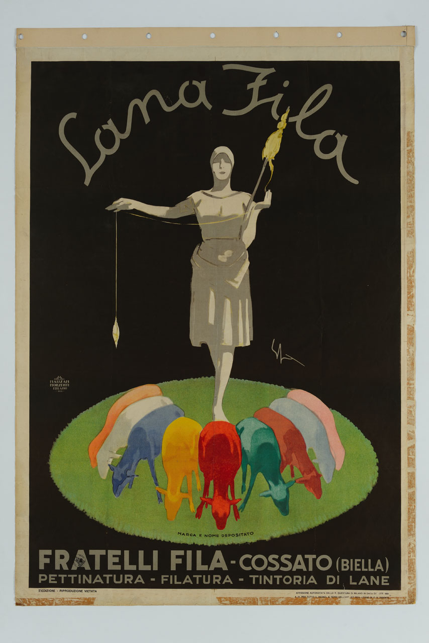 filatrice in piedi davanti a un semicerchio di pecore colorate al pascolo (manifesto) di Sacchetti Enrico (sec. XX)
