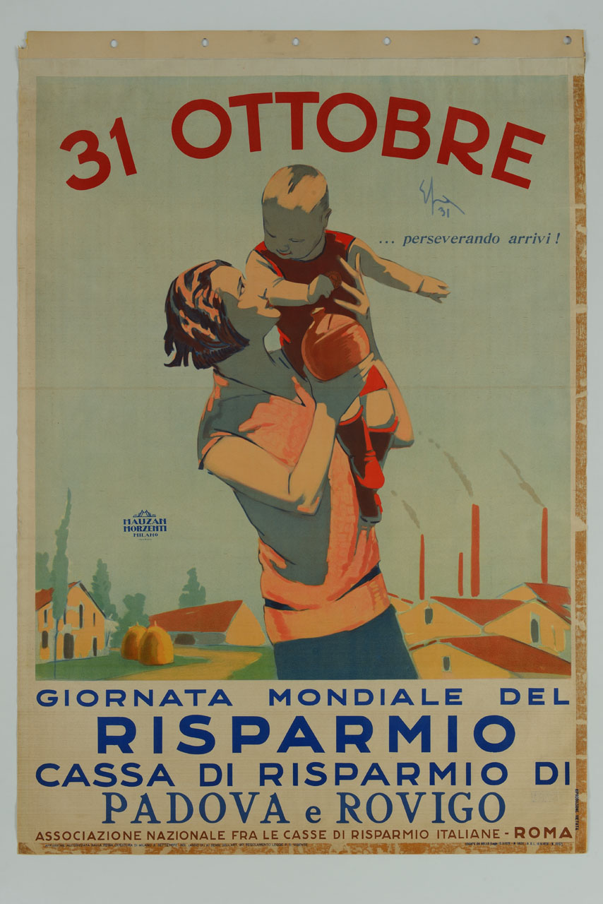 donna tiene un bambino su una spalla e un salvadanaio in mano davanti a un paesaggio agricolo e industriale (manifesto) di Sacchetti Enrico (sec. XX)