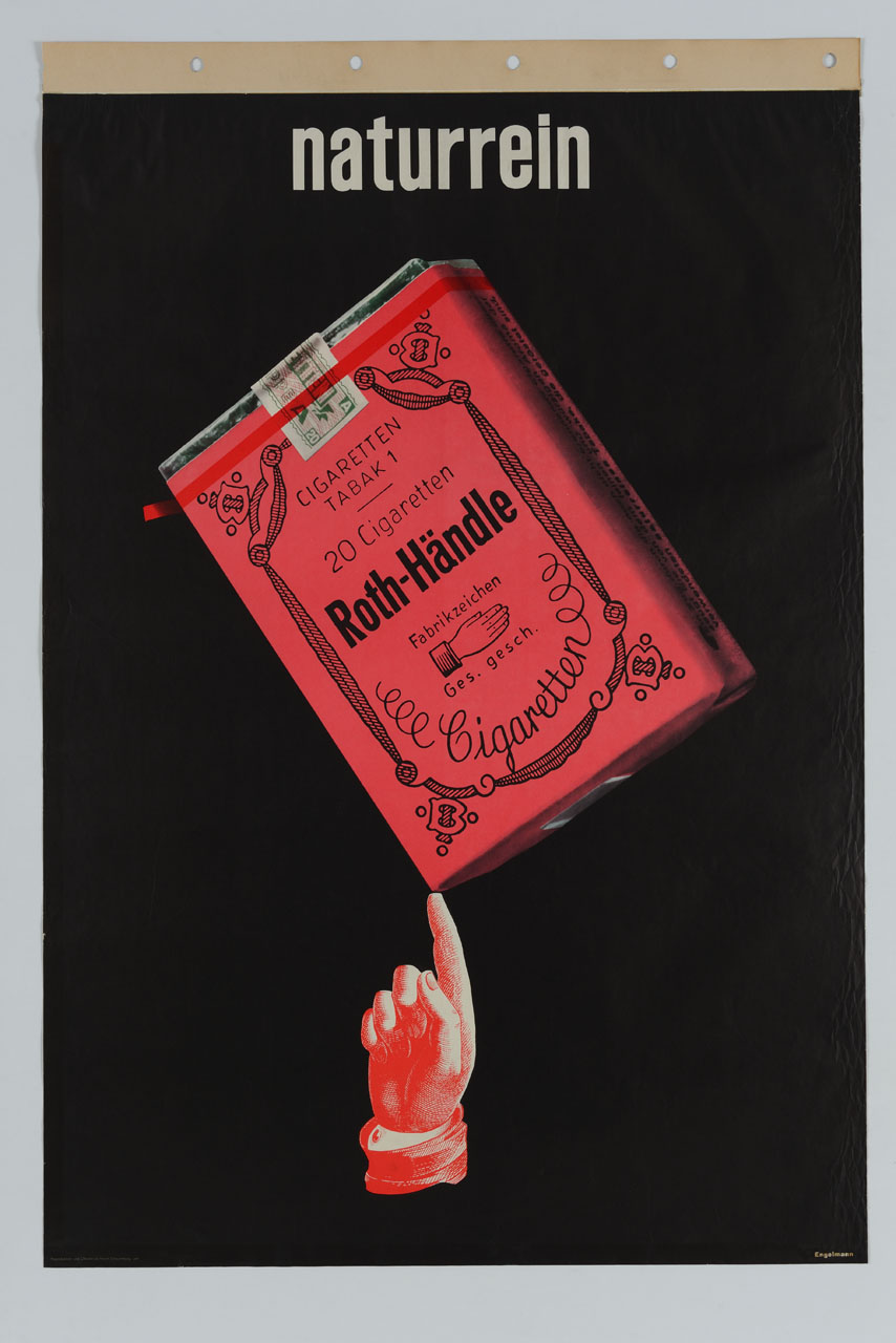 pacchetto di sigarette tenuto sul dito indice di una mano (manifesto) di Engelmann Michael (sec. XX)