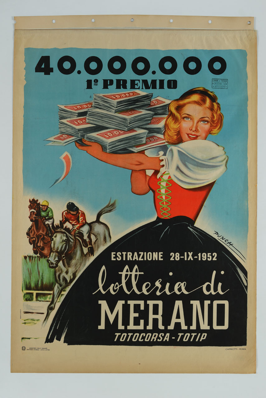donna in abiti tradizionali sostiene delle banconote (manifesto) di Punch - ambito italiano (sec. XX)