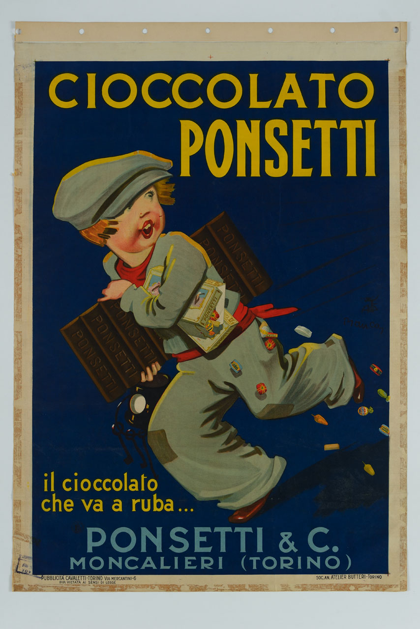bambino scappa con una tavoletta di cioccolato e una scatola di cioccolatini sottobraccio (manifesto) di Manca Giovanni, AIPI (sec. XX)
