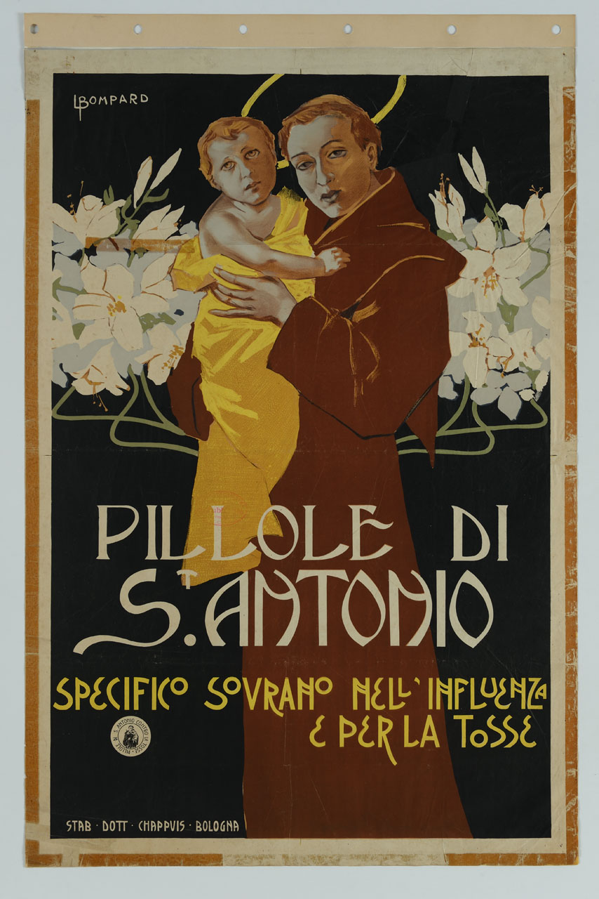 Sant'Antonio da Padova con il Bambino tra gigli (manifesto) di Bompard Luigi (inizio sec. XX)