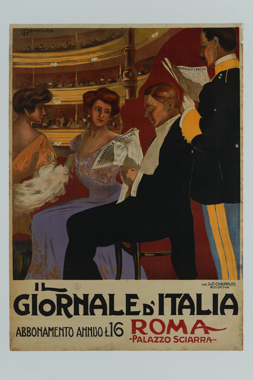 due uomini leggono il giornale in un palchetto di teatro in compagnia di due spettatrici (manifesto) di Bompard Luigi (inizio sec. XX)
