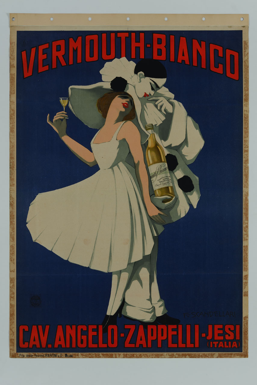 donna in bianco con un bicchiere in mano poggiata a un Pierrot con una bottiglia (manifesto) di Scandellari Ferruccio (sec. XX)