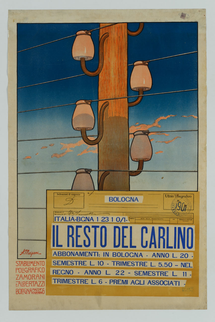 telegramma davanti a un palo dei fili del telegrafo (manifesto) di Majani Augusto detto Nasica (sec. XX)