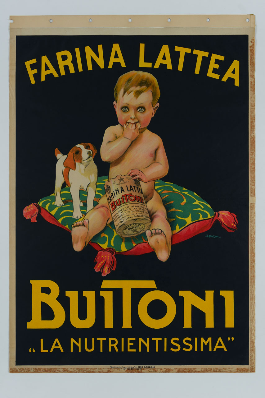 bambino seduto su un cuscino con una confezione di farina lattea fra le gambe (manifesto) di Metlicovitz Leopoldo (sec. XX)