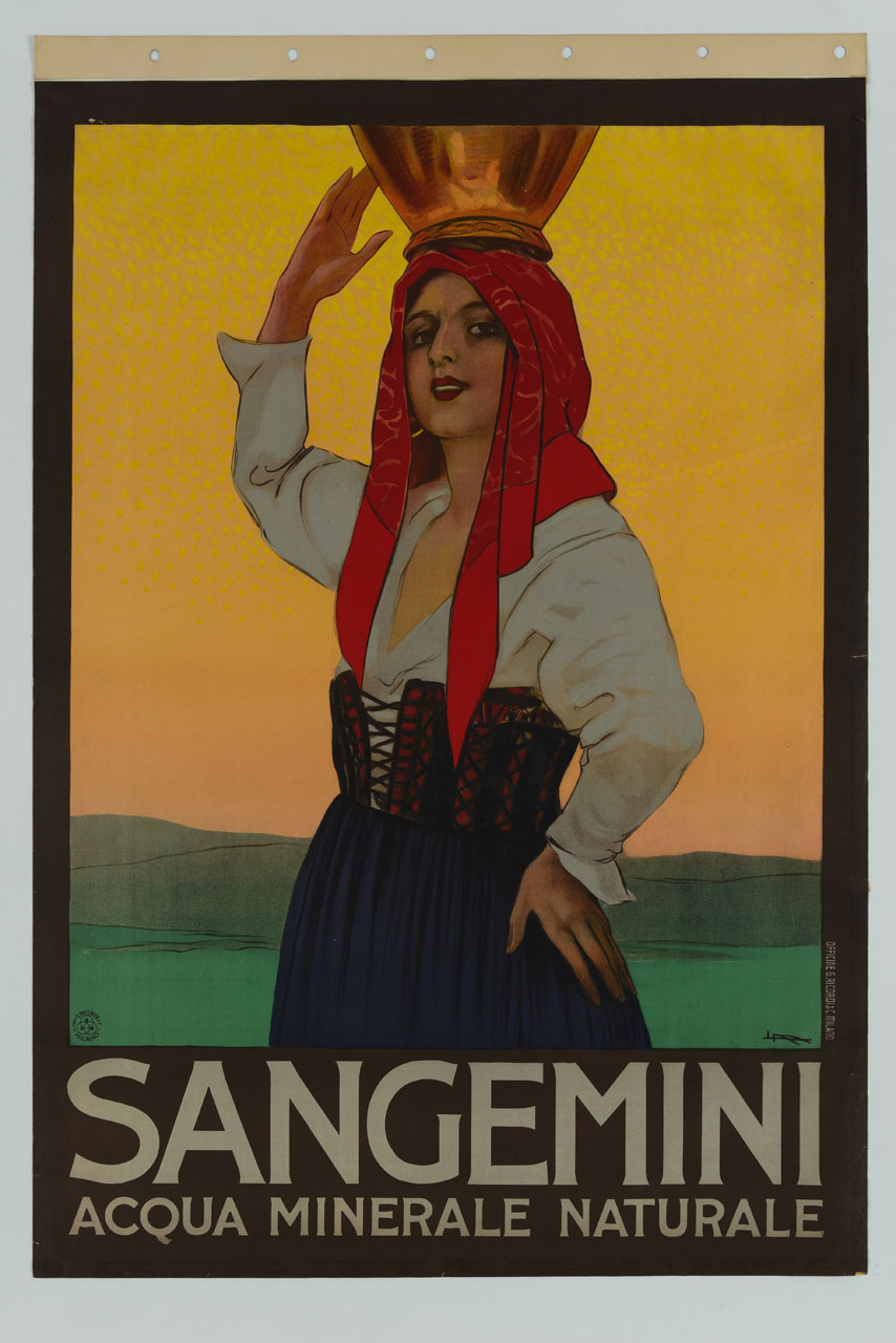 donna in costume tradizionale con orcio sulla testa (manifesto) di Metlicovitz Leopoldo (sec. XX)