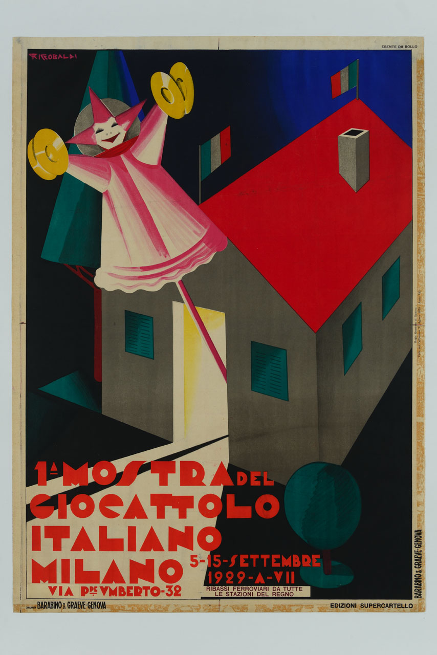 pupazzo su bastoncino esce da una casetta illuminata (manifesto) di Riccobaldi Del Bava Giuseppe (sec. XX)