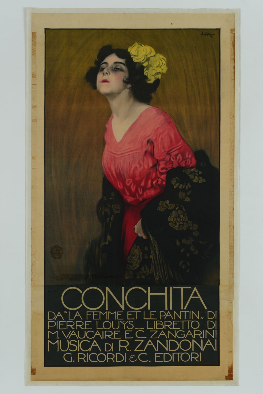 ritratto di Tarquinia Tarquini nelle vesti di Conchita Pérez (manifesto) di Metlicovitz Leopoldo (sec. XX)