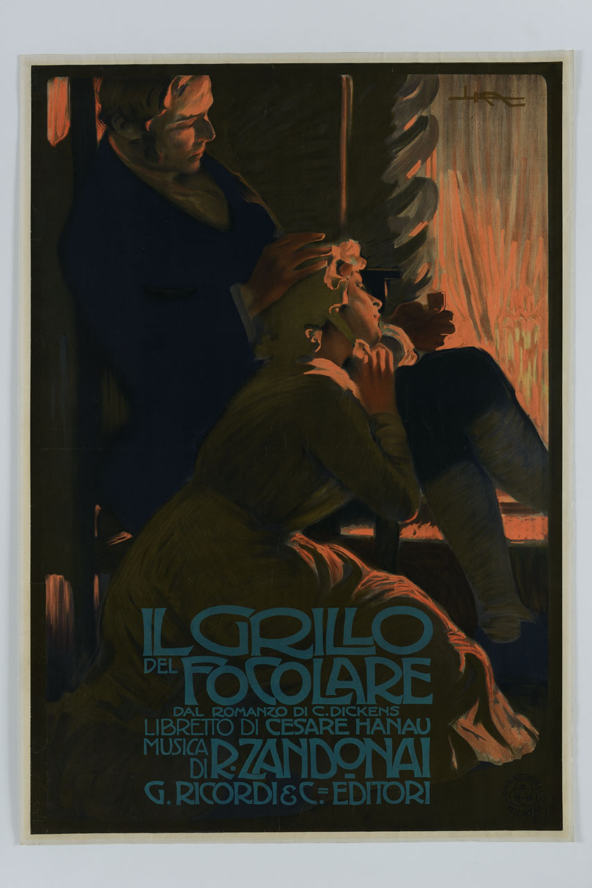 uomo seduto davanti al focolare carezza la testa di una donna inginocchiata ai suoi piedi (manifesto) di Metlicovitz Leopoldo (sec. XX)