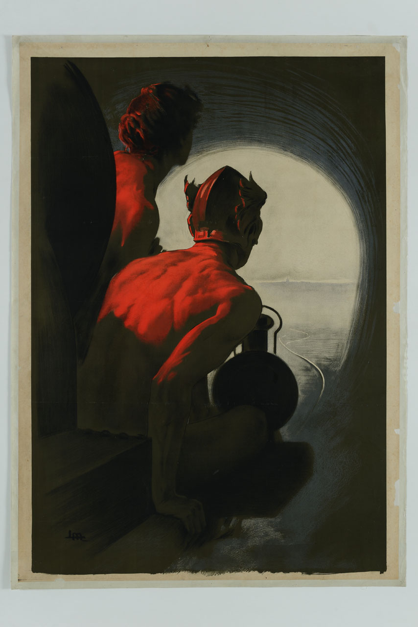 due uomini nudi di spalle seduti guardano verso l'uscita di una galleria (manifesto) di Metlicovitz Leopoldo (sec. XX)