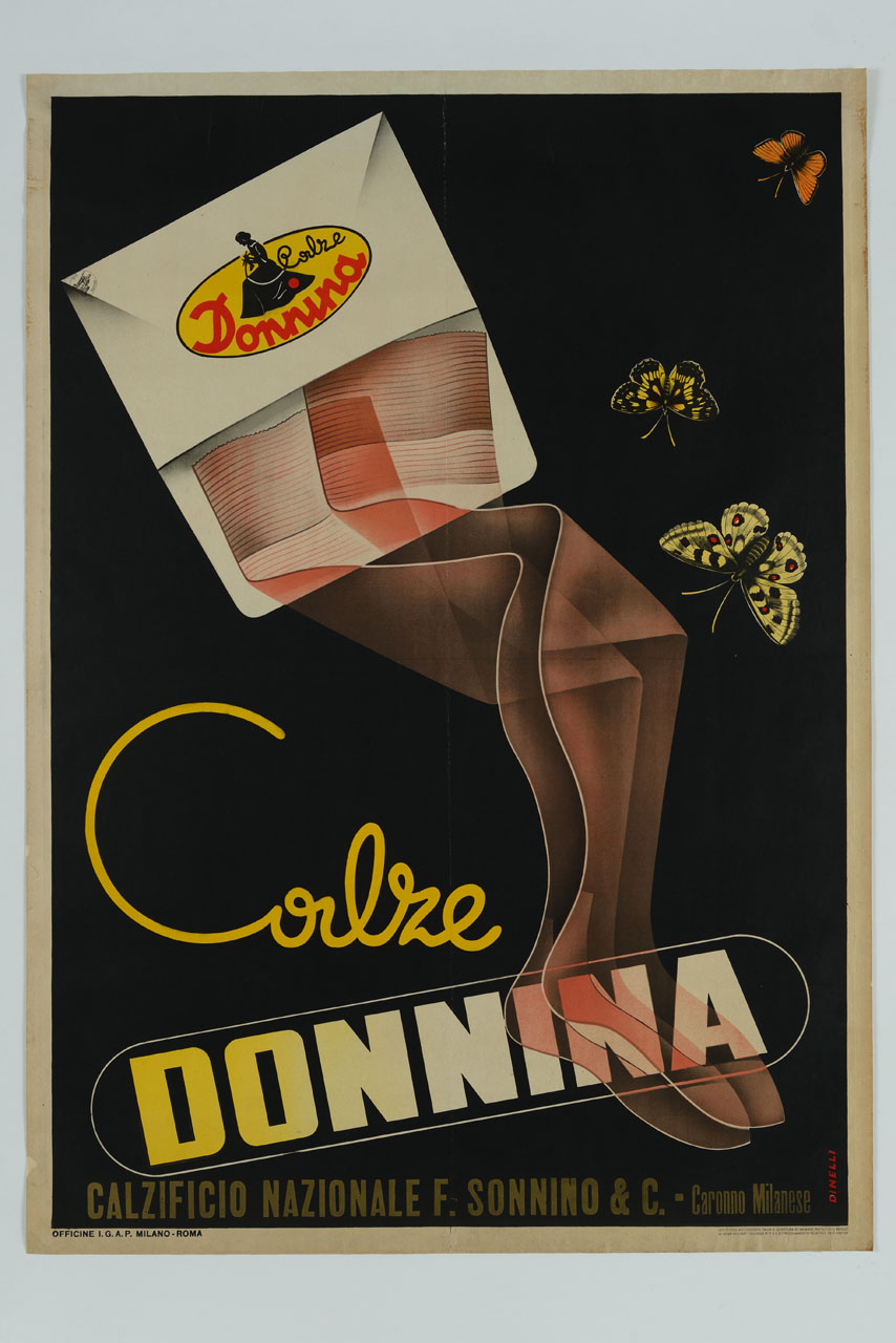 calze da donna con busta e farfalle (manifesto) di Dinelli Carlo (sec. XX)