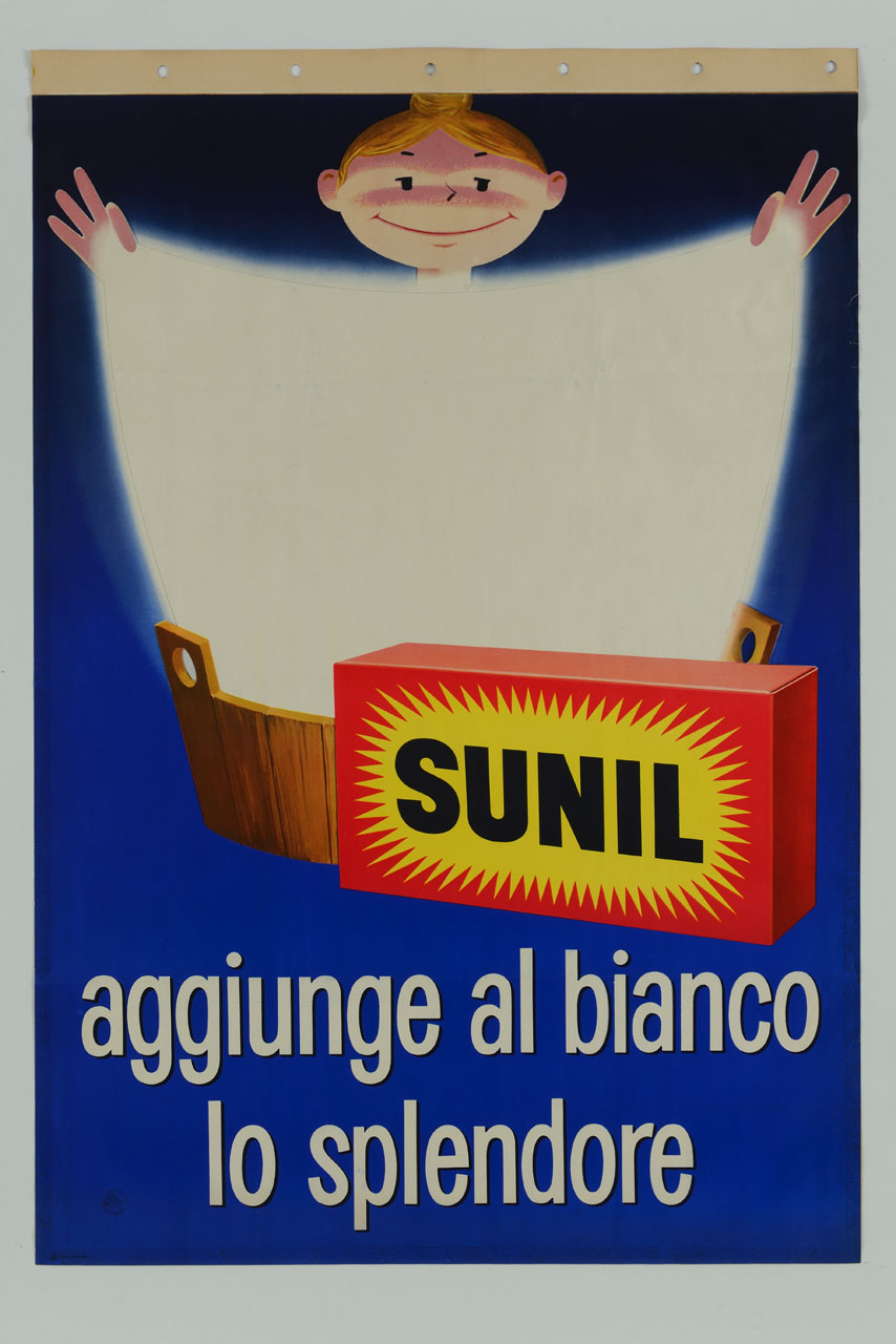 figura femminile che mostra un lenzuolo bianco lucente ed una confezione di detersivo per bucato (manifesto) - ambito italiano (sec. XX)