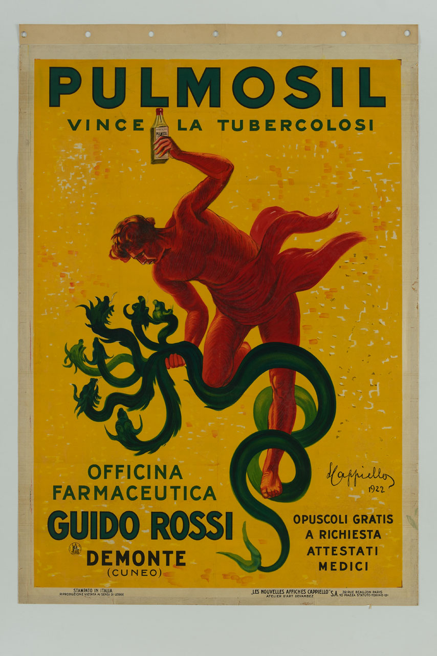 figura maschile di colore rosso tiene con una mano una bottiglia di sciroppo, mentre con l'altra affera un serpente verde con coda bifida a sette teste (manifesto) di Cappiello Leonetto (sec. XX)